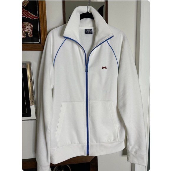 Vintage Men’s Le Tigre Cotton Track Jacket in White and Blue - Zip Up - Medium - Picture 3 of 10